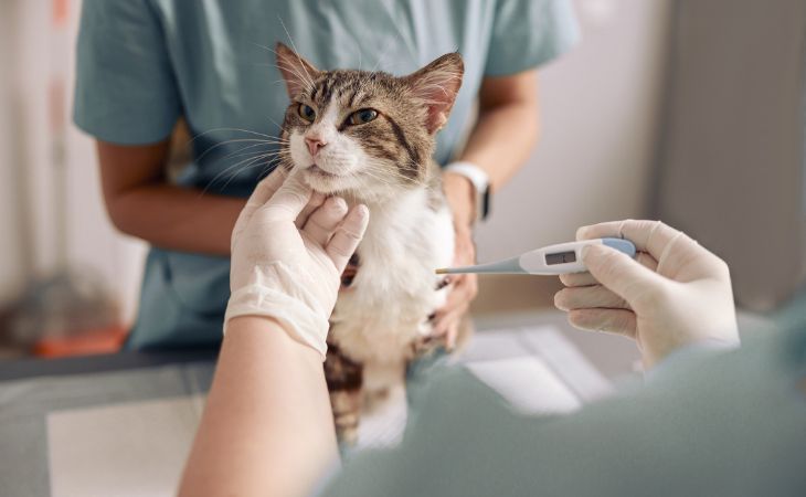 Vet take temperature of cat with thermometer